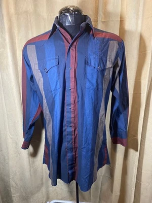 Мужская винтажная узкая западная рубашка 70-х Panhandle 16 L в синюю полоску L/S с застежками из полиэстера/кроватки - Изображение 1 из 4