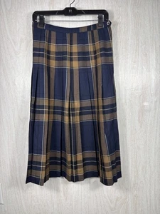 Aljean Virgin Wool Plaid Pleated Skirt Med Navy Gold Tartan Academia Cottagecore - Picture 1 of 5