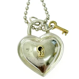 Tiffany & Co. Heart Padlock Lock Key Necklace 34" Silver 925 & 18K Gold Auth - Picture 1 of 10