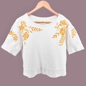 Anthropologie Maeve besticktes Sweatshirt Gr. M weiß gelb Blumen kastig Boho - Bild 1 von 14