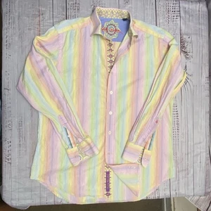 Robert Graham Button Up Shirt Men M Colorful Stripe Collar Flip Cuff Embroidery - Picture 1 of 12
