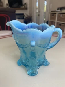 Antique Jefferson Glass Blue Opalescent SWAG with BRACKETS 4 Footed Creamer - Picture 1 of 8