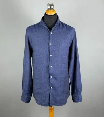 J.LINDEBERG Navy Blue Washed Linen Slim Fit Long Sleeve Shirt Size 41 / 16 - Image 1 of 4