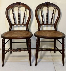 2 Antique Eastlake Balloon Back Chairs w Spindles Round Cain Seat Turned Legs - Picture 1 of 22