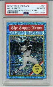 2025 TOPPS HERITAGE LIGHT BLUE SPARKLE REFRACTOR #341 WILLIE MAYS GIANTS PSA 10 - Picture 1 of 2