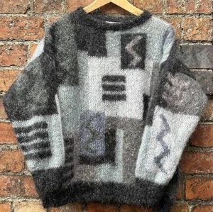 Vintage Mohair Soft Options Hand Knit 90s 80s Abstract Pattern Jumper M L - Picture 1 of 6