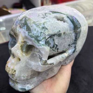 7.52LB Natural Moss Agate Skull Hand Carved Quartz Crystal Skull Reiki Decor - Picture 1 of 22