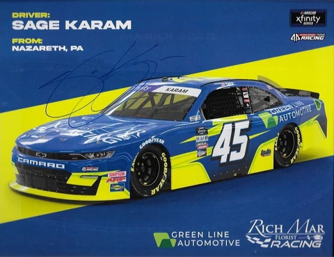 SIGNED 2022 SAGE KARAM “GREEN LINE AUTOMOTIVE” #45 NASCAR XFINITY POSTCARD Cover