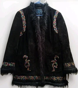 Steve Madden Vintage Embroidered Suede Faux Fur Trim Coat Sz XL - Picture 1 of 14