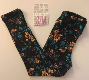 NWT LuLaRoe S/M Blue Yellow Pink & Purple VINTAGE FLORAL Black Leggings UNICORN - Picture 1 of 2