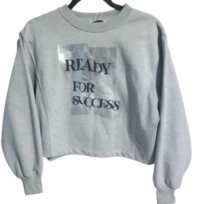 Zara Sweatshirt S Cropped Gray Silver "Ready for Success" Long Sleeve New - Image 1 of 4