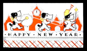 Tarjeta de Feliz Año Nuevo Scotty Dogs Marching Band años 50 - Imagen 1 de 3