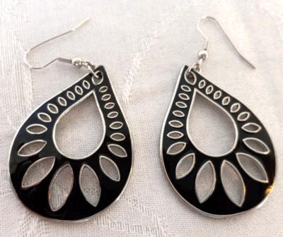 Lia Sophia Earrings "Shadow" Black Silver tone Open Cut Teardrop Dangle Drop - Image 1 of 2