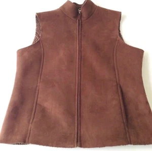 LANDS' END Sherpa & Faux Suede Full Zip Vest Raw Edge Pockets Womens M Brown - Picture 1 of 6