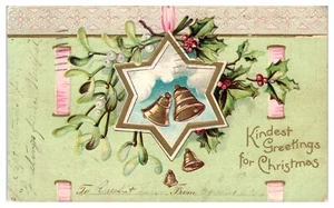 Cartolina Gentili Auguri Natale Goffrata Agrifoglio/Campane Pubblicata UDB 1908 - Foto 1 di 2