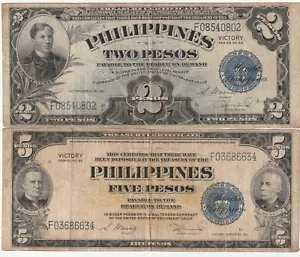 Philippines Lot 2 2 & 5 Pesos Banknotes 1944 Very Fine Condition - Picture 1 of 2