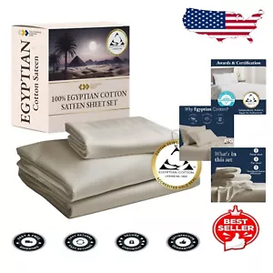 Gold Seal Certified 100% Egyptian Cotton Twin XL Sheets - Cooling & Soft Beige - Picture 1 of 10