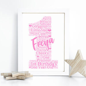 Personalised 1st Birthday Print Baby Gift Girl Boy Keepsake Word Art Picture
