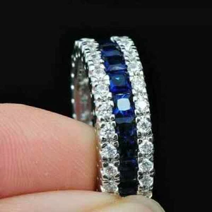 Princess-Cut Lab Created Blue Sapphire Eternity Band Ring 14K White Gold Plated - Picture 1 of 5