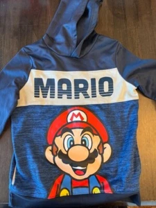 Blue Super Mario Face Lightweight Hooded Sweatshirt (Size 8) Pockets - Picture 1 of 4