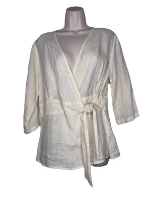 Blusa de lino 100 % lino crema envolvente lazo frontal manga larga talla S Foto 1 de 4