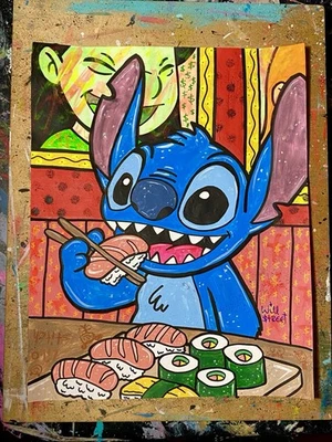 WILL STREET original painting 11x14/ lilo stitch art banksy disney sushi alien - Image 1 of 4