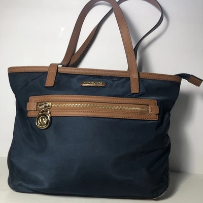 Michael Kors Kempton Nylon Satchel Tote Purse Shoulder Bag in Navy and Brown - Image 1 of 4