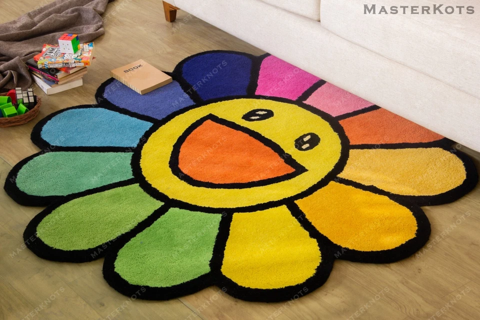 Murakami Smiley Flower Multicolored Hand Tufted 100% Wool Soft Area Rug Carpet - Image 1 of 4