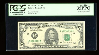 DBR 1988 $5 FRN San Francisco Fr. 1979-L PCGS 35 PPQ Serial L50963910A - Image 1 of 2