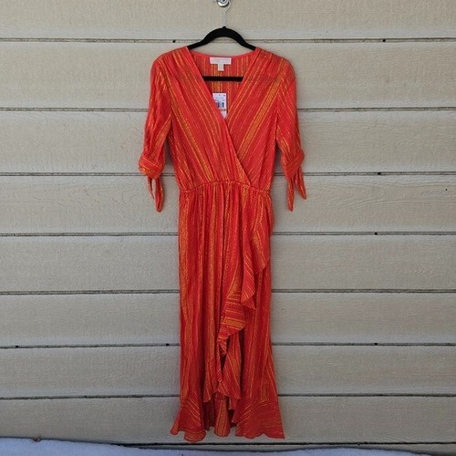 Abito midi Michael Kors rosso corallo nuovo con etichette con maniche a cravatta e righe oro piccolo