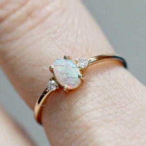 Real Opal Gemstone & Natural Diamond Stackable Band Ring 18k Yellow Gold Jewelry - Picture 1 of 2