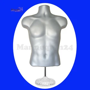 Male Torso Dress Form Grey (Silver) Table Top Stand Hanging Hook - Picture 1 of 7