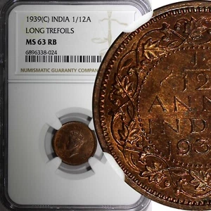 India-British George VI 1939 (C) 1/12 Anna Long Trefoils NGC MS63 RB KM#526 (4) - Picture 1 of 5