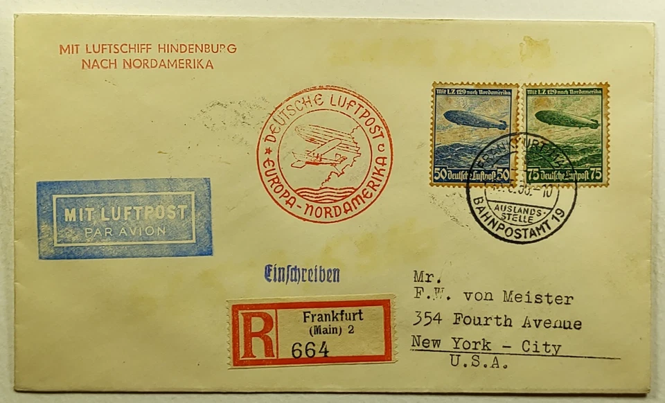 1936 Germany Registered Hindenberg Airmail Cover to New York City North America - Image 1 of 2