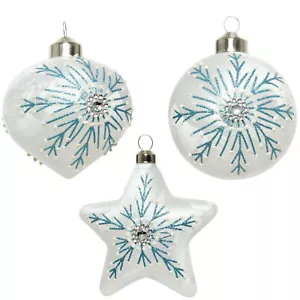 Ornamenti Fiocco di Neve Blu - Set di 3 Ornamenti in Vetro Soffiato Blu e Bianco - Foto 1 di 5