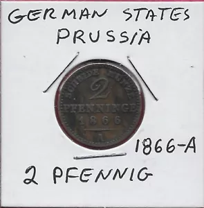 GERMAN STATES PRUSSIA 2 PFENNIG 1866-A KING WILLIAM I,(WILHEM I 1861-1888),Obver - Picture 1 of 2