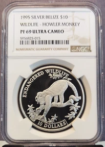 1995 BELIZE SILVER 10 DOLLARS HOWLER MONKEY NGC PF 69 ULTRA CAMEO SCARCE TOP POP - Picture 1 of 3