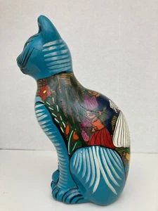Vintage Turquoise Blue Talavera Mexican Pottery Cat - Picture 1 of 13