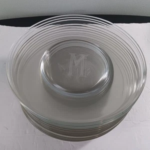 Set Of 14 Unused Antique Monogrammed M Clear Glass 8" Salad/Dessert Plates - Picture 1 of 5