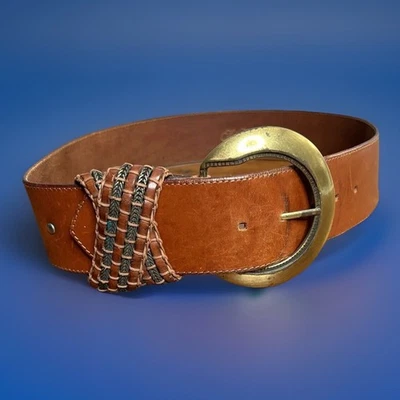 Vintage Saks Fifth Avenue Brown 2" Leather Belt w Large Brass Buckle Italy Sz M — 第 1/4 张图片