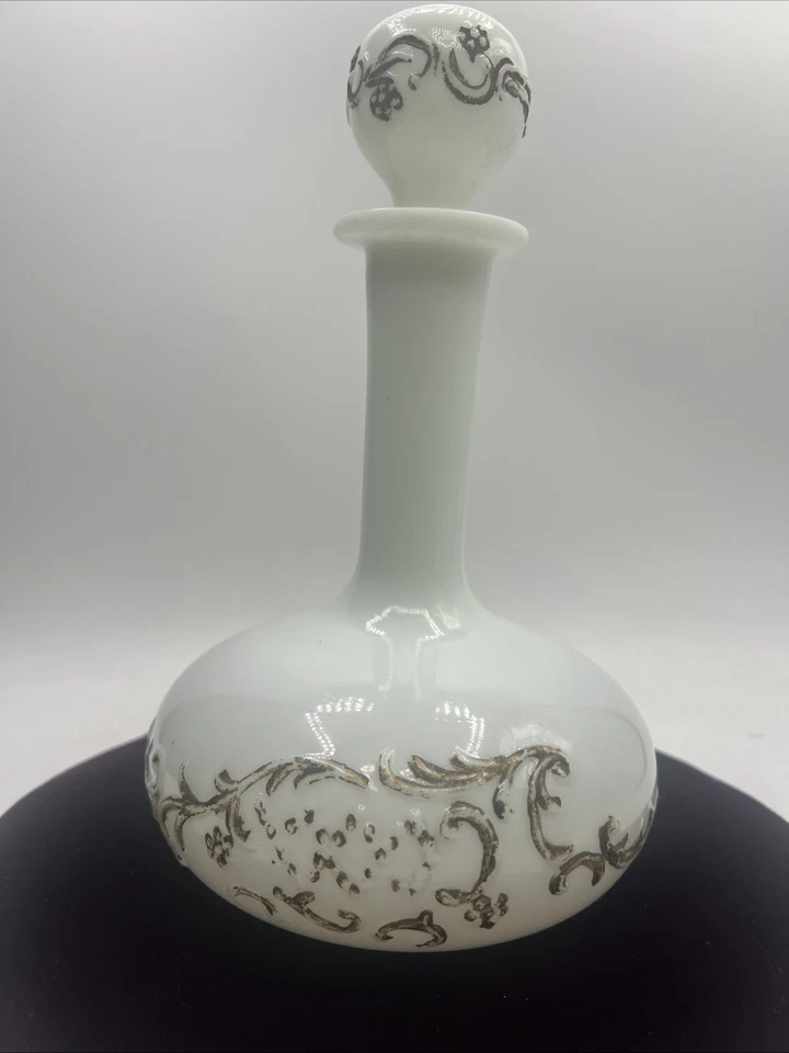 Antique Milk Glass Decanter W/ Stopper EAPG McKee Holland Victorian Gold 10” - Image 1 of 4