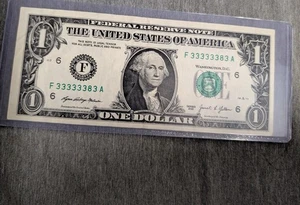 US 1 Dollar Bill F33333383A Fancy SN 7 of a kind 3's, near solid, binary. - Picture 1 of 2