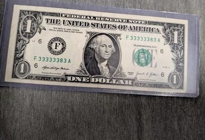 US 1 Dollar Bill F33333383A Fancy SN 7 of a kind 3's, near solid, binary. - Image 1 of 2