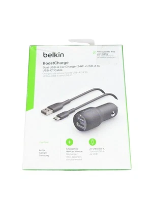 Aa3U Belkin USB-A Dual Car Charger 24W w/ USB-C Cable - Black Used - Image 1 of 2