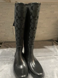 Women's COACH Tristee Lace-Up Corset Signature Logo Rain Boots Black Size 8B - Picture 1 of 12