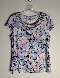 Kasper Periwinkle Pink Black Floral Cowl Neck Top Small - Picture 1 of 3