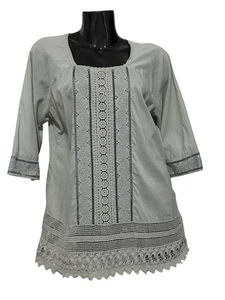 Johnny Was Womens Top Size Large Gray Cotton Lace Embroidered Tunic Blouse - Picture 1 of 15