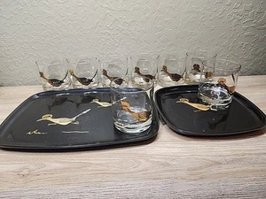 8 x COUROC ROADRUNNER Gold Lowball Liquor Glasses 3.25" & 2 Trays - Picture 1 of 21