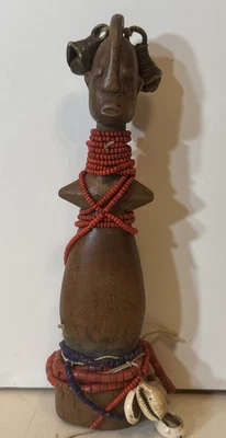 African Fertility Doll Wood W/antique Beads Brass Bells And Shells Cameroon - Image 1 of 4