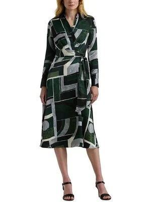 Lauren Ralph Lauren Womens Midi Dress 8 Green Geo Print Satin Charmeuse NWT $195 - Image 1 of 4